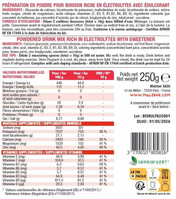 Boisson d'hydratation en poudre à diluer aux fruits rouges 250g Mulebar