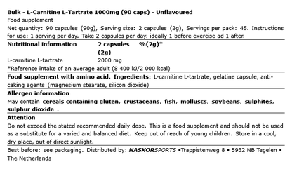 L-Carnitine L-Tartrate 90 gélules Bulk