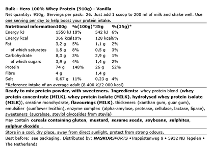 Hero 100% Whey Protein Vanille - 910g Bulk