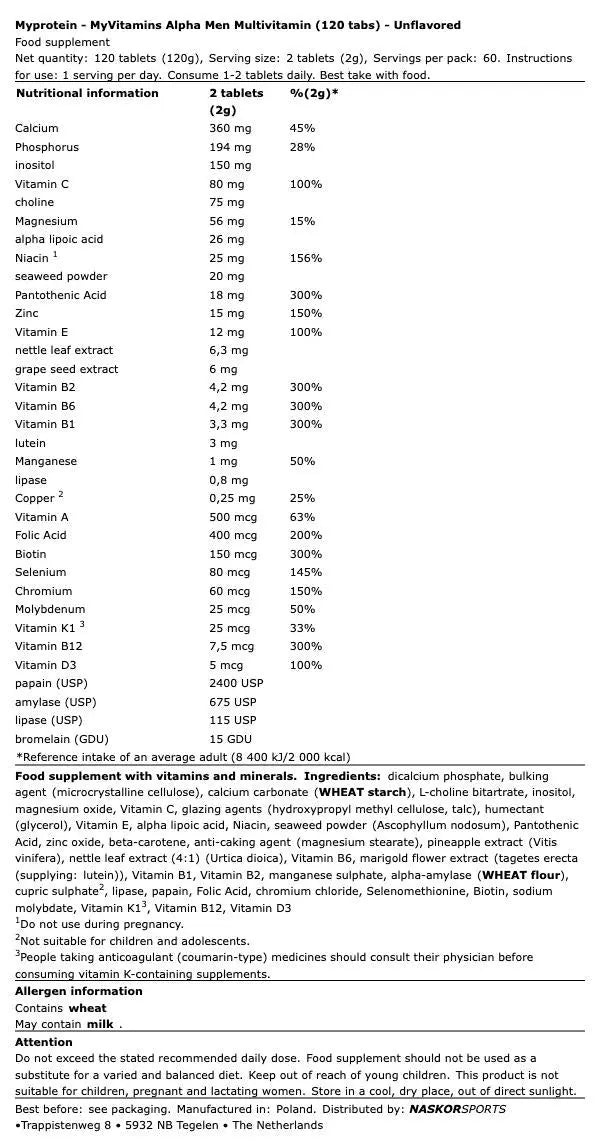 Multivitamines Alpha Men 120 gélules My Protein
