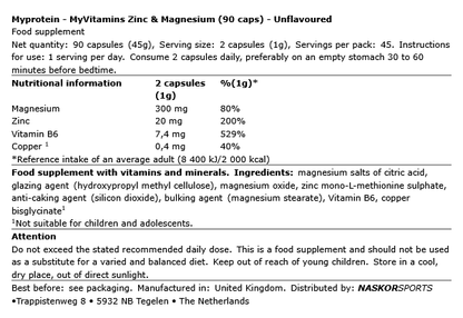 Zinc et Magnesium 90 gélules My Protein