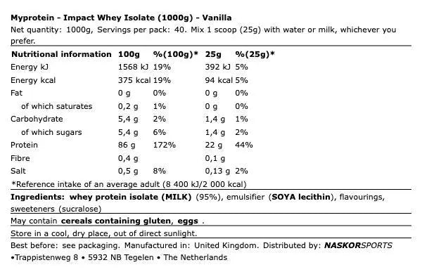 Impact Whey Isolate Vanille 1Kg My Protein