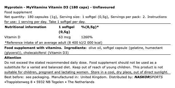 Vitamines D3 180 gélules My Protein