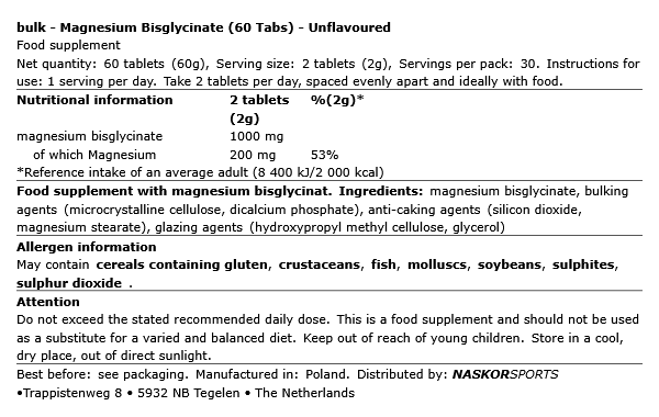 Magnésium Bisglycinate 60 comprimés Bulk