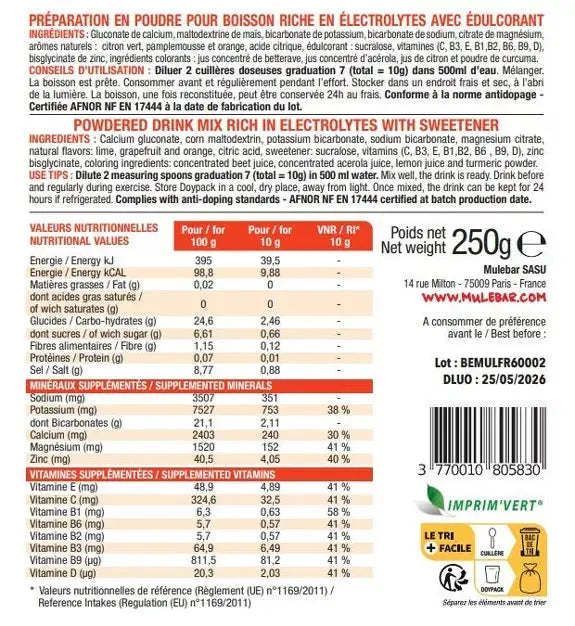 Boisson d'hydratation en poudre à diluer aux agrumes 250g Mulebar