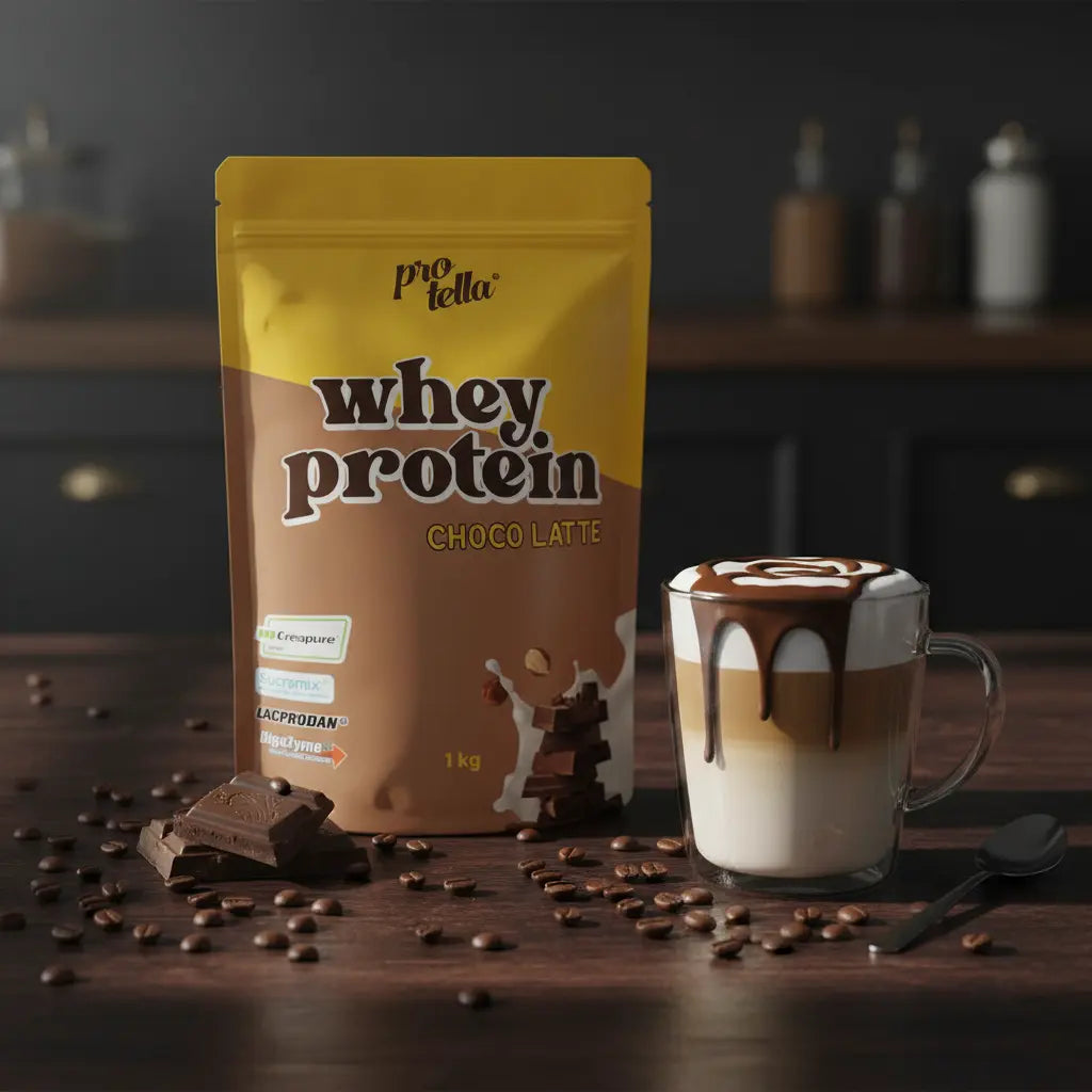 Protella Whey Protein Choco Latte - Lifestyle avec chocolat et café